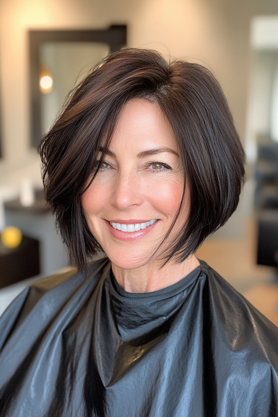 6. Asymmetrical Bob in Soft Black (Best Haircuts For Women Over 50) - Best Haircuts For Women Over 50