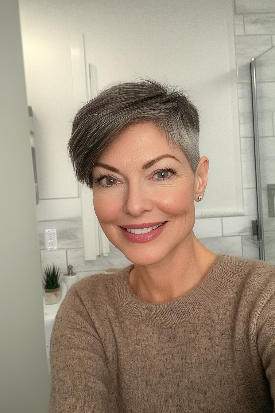 15. Side-Swept Pixie in Natural Salt-and-Pepper (Best Haircuts For Women Over 50) - Best Haircuts For Women Over 50