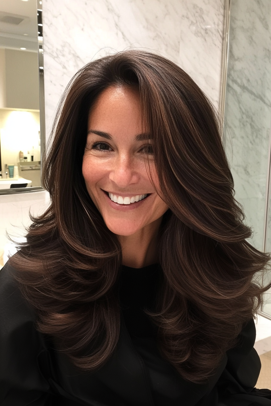 16. Long Layered Cut in Dark Mahogany (Best Haircuts For Women Over 50) - Best Haircuts For Women Over 50