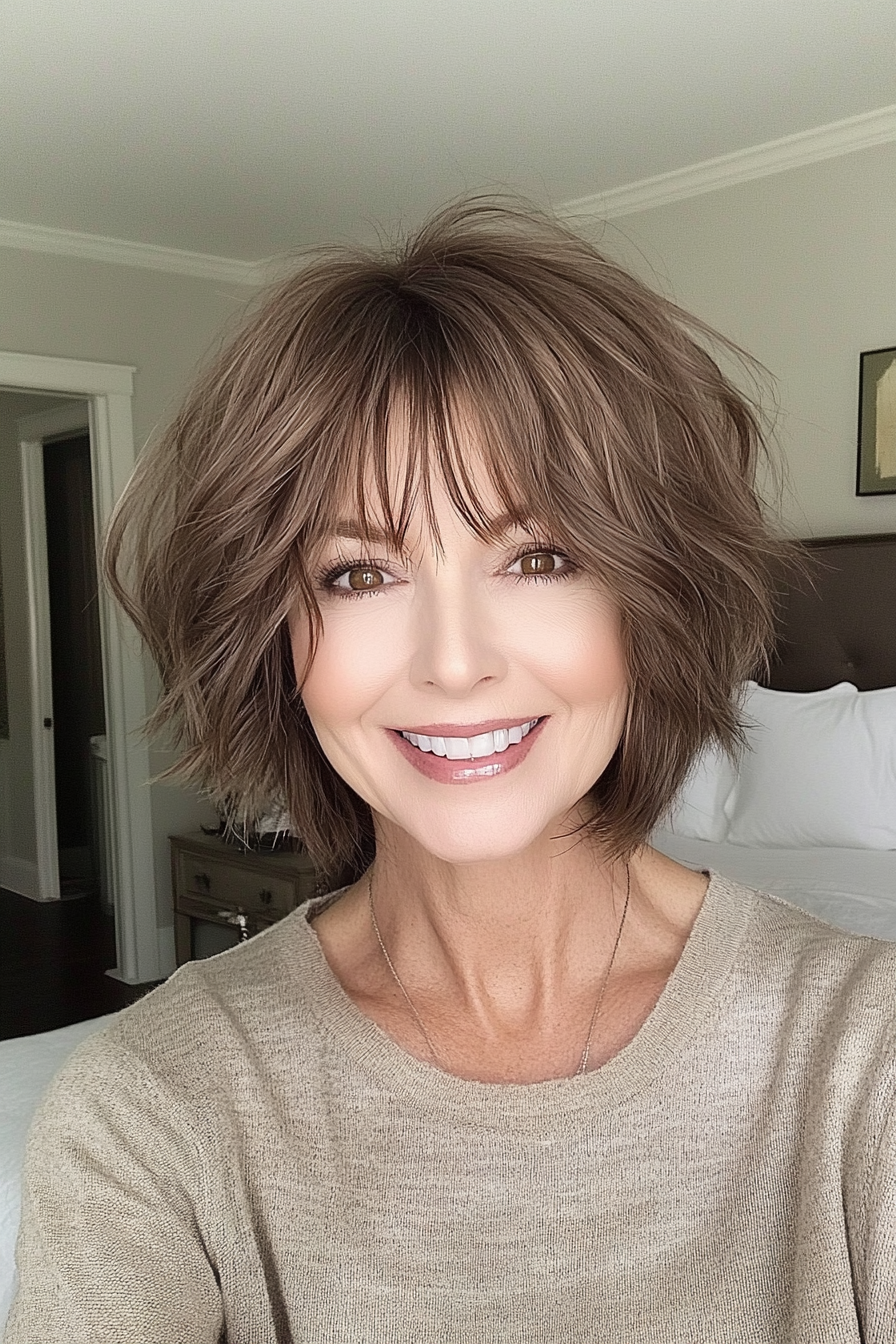 17. Short Tousled Bob in Ash Brown (Best Haircuts For Women Over 50) - Best Haircuts For Women Over 50