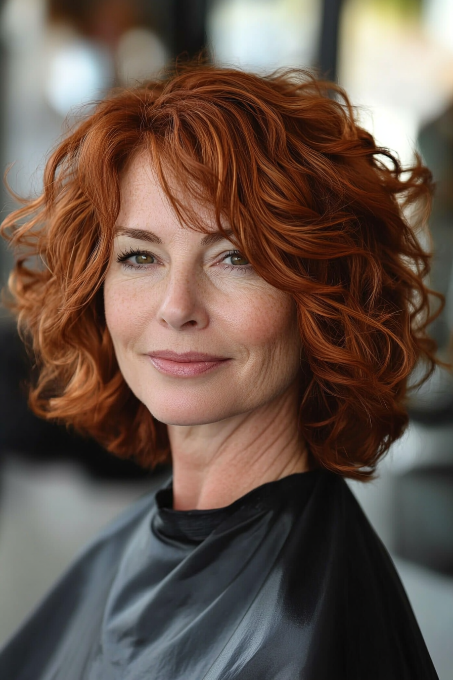 18. Voluminous Curly Cut in Warm Cinnamon (Best Haircuts For Women Over 50) - Best Haircuts For Women Over 50
