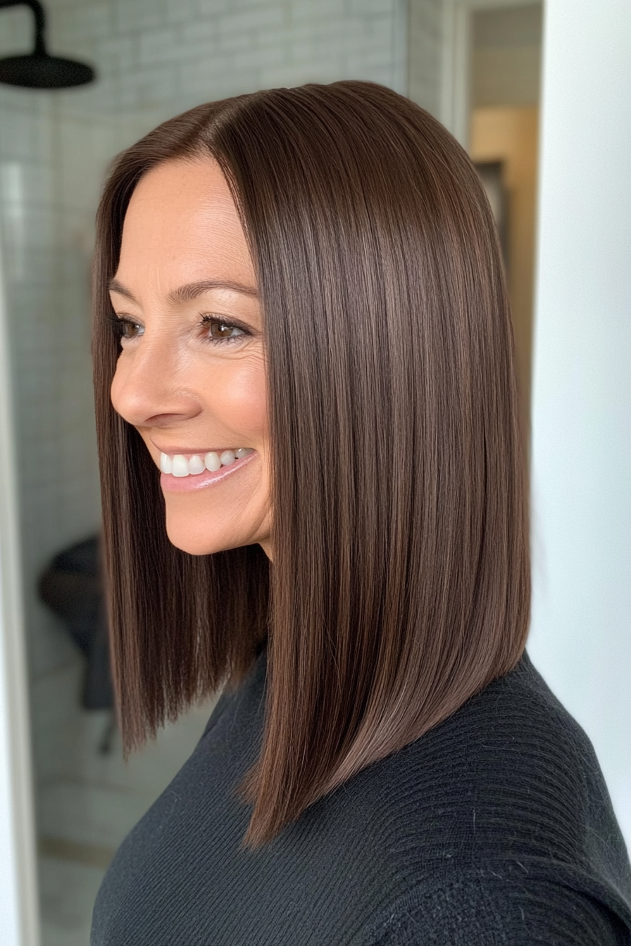 19. Sleek Straight Lob in Espresso Brown (Best Haircuts For Women Over 50) - Best Haircuts For Women Over 50