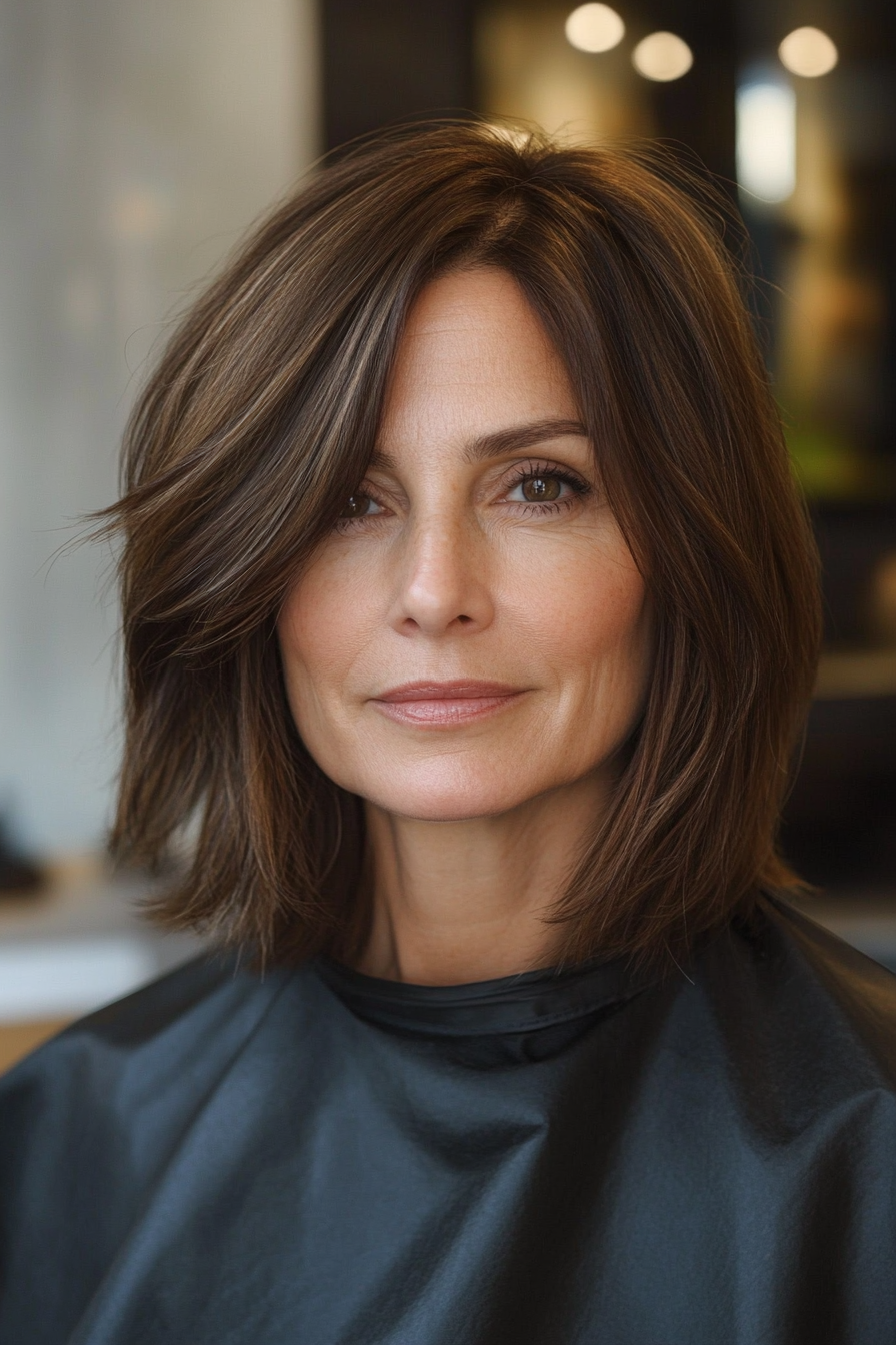 24. Shoulder-Length Straight Cut in Dark Ash Brown (Best Haircuts For Women Over 50) - Best Haircuts For Women Over 50