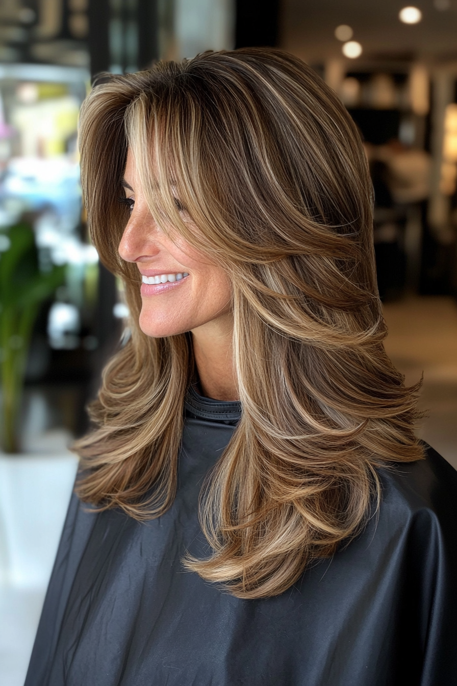25. Long Blended Layers in Medium Golden Brown (Best Haircuts For Women Over 50) - Best Haircuts For Women Over 50