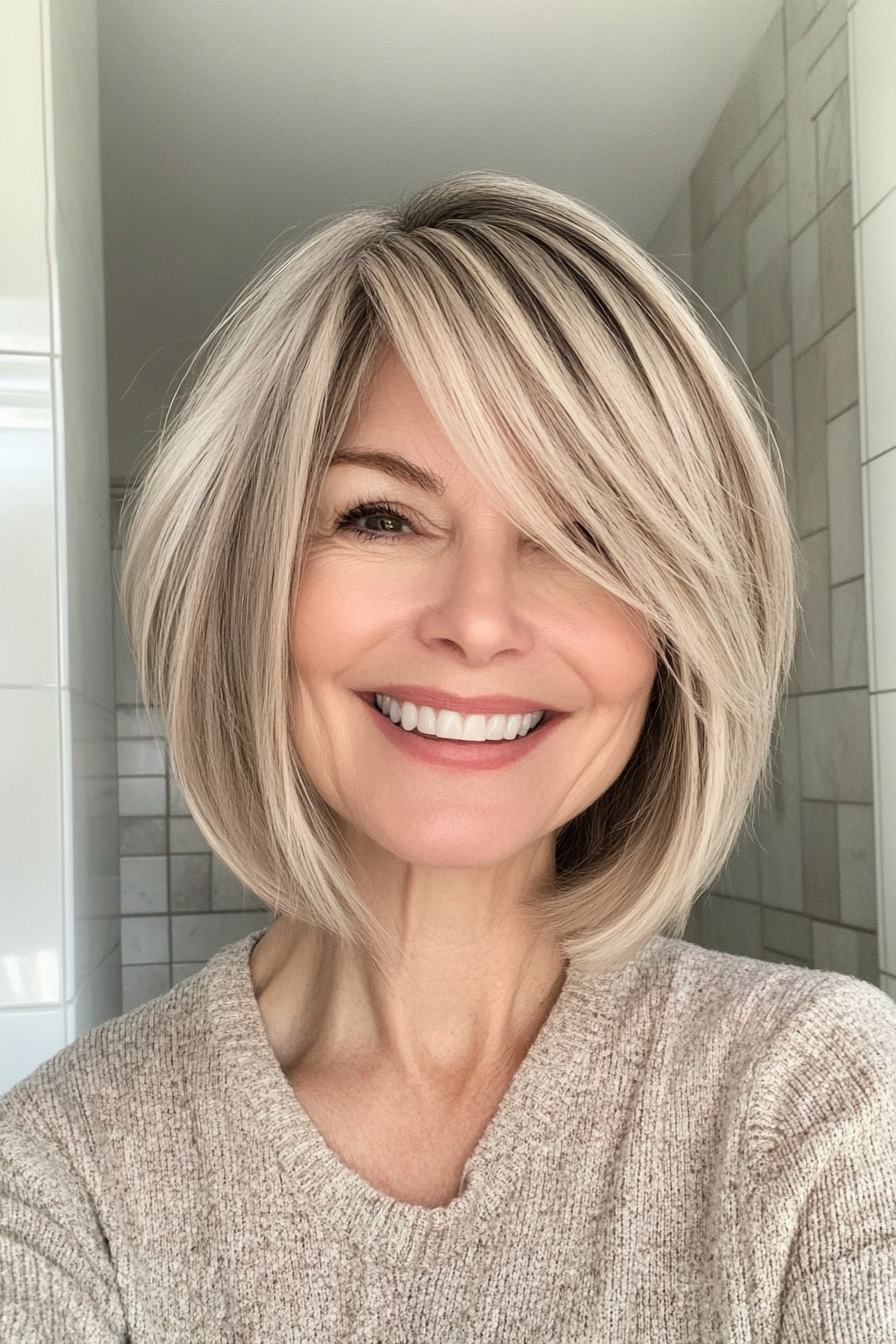 26. Wispy Bangs with Layered Bob in Muted Beige Blonde (Best Haircuts For Women Over 50) - Best Haircuts For Women Over 50