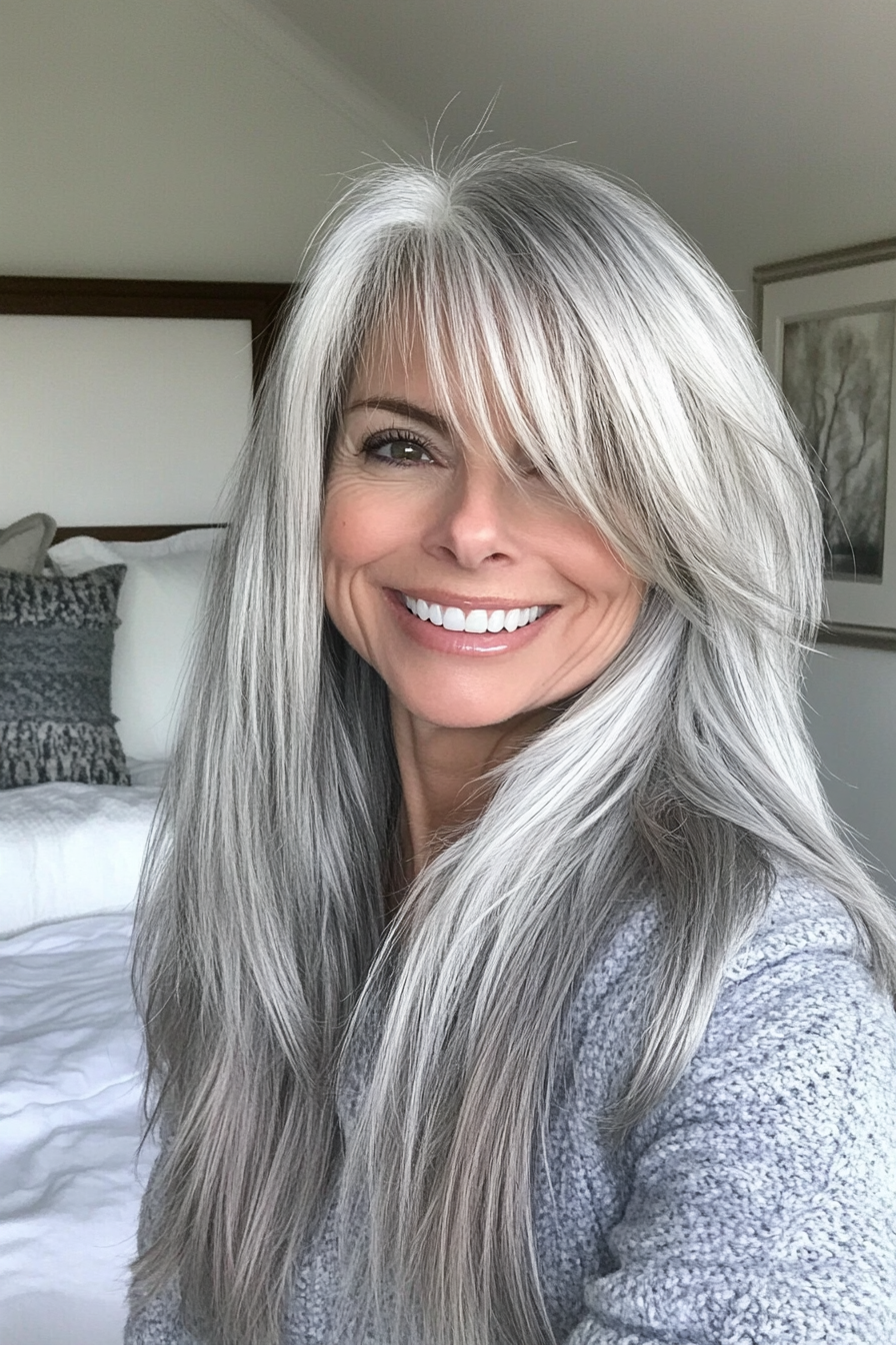 4. Long Silver Layers with Side Bangs (Hairstyles For Women Over 50) - Hairstyles For Women Over 50