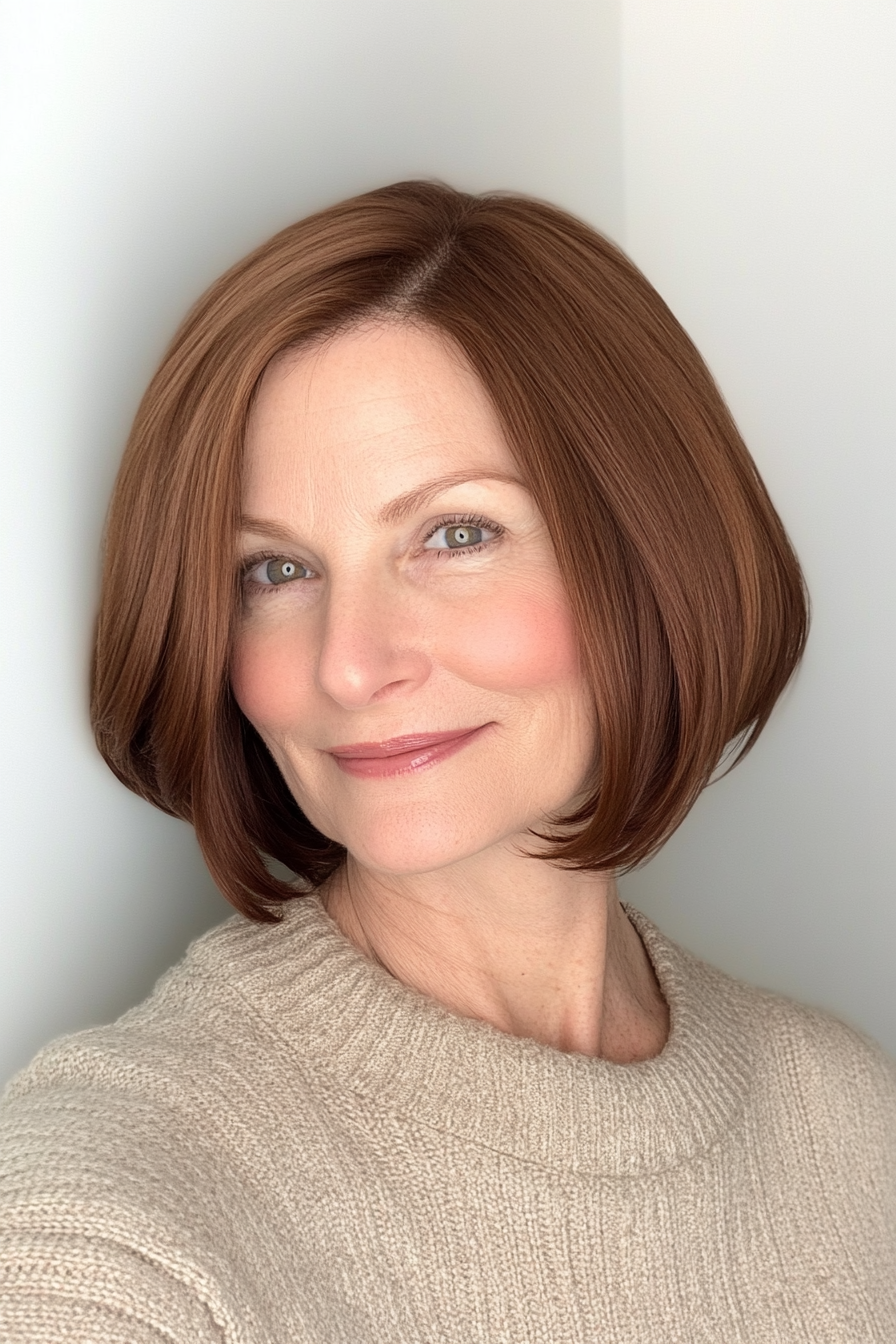 5. Classic French Bob in Warm Chestnut Brown (Hairstyles For Women Over 50) - Hairstyles For Women Over 50