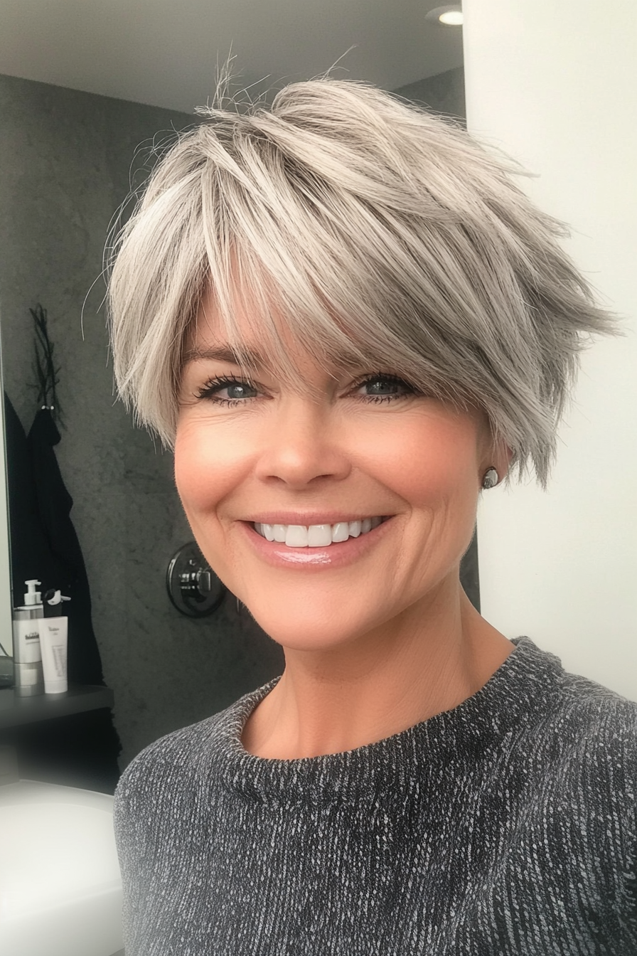 9. Choppy Pixie with Side-Swept Bangs in Silver Blonde (Hairstyles For Women Over 50) - Hairstyles For Women Over 50