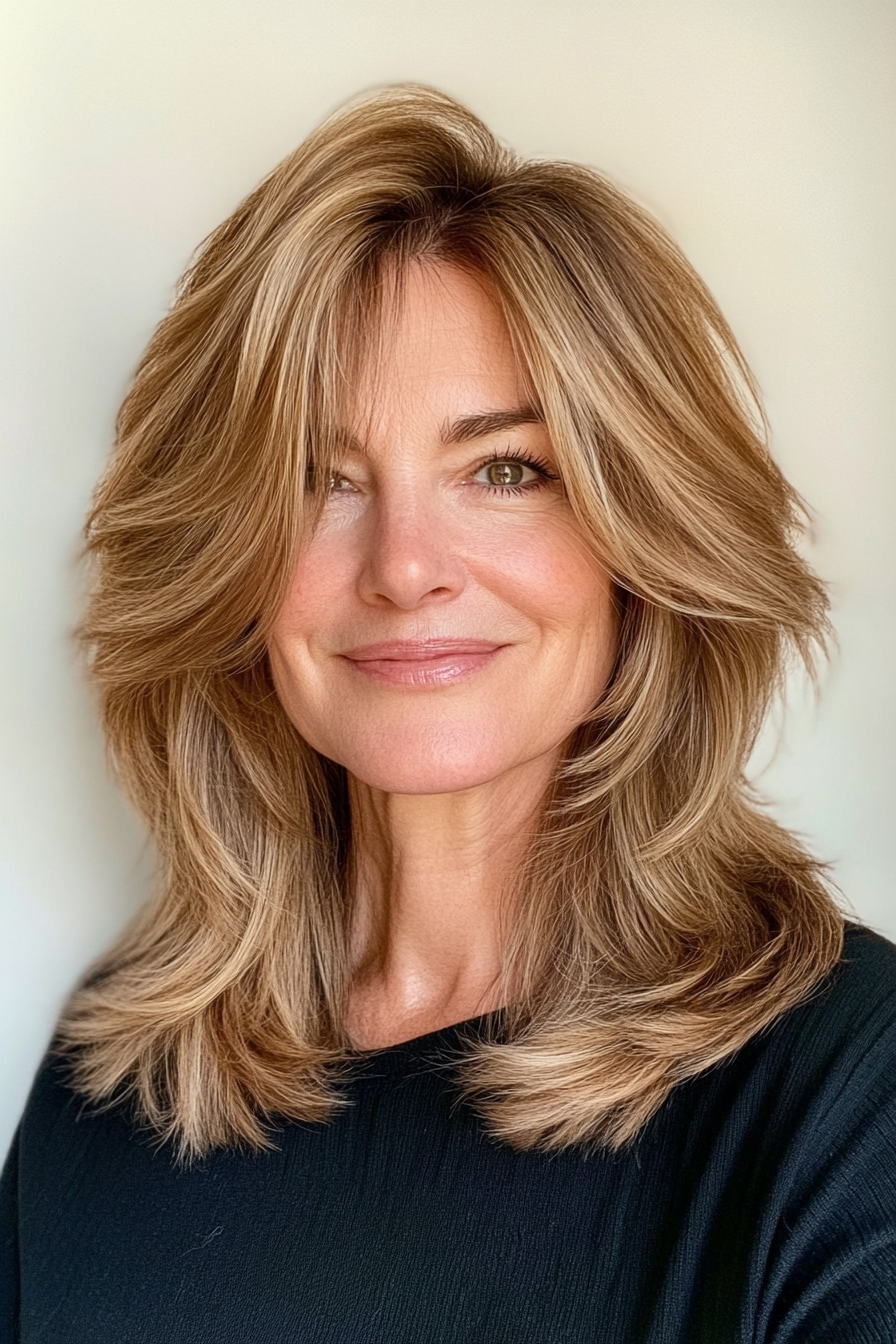 10. Medium-Length Layered Shag in Soft Caramel Brown (Hairstyles For Women Over 50) - Hairstyles For Women Over 50