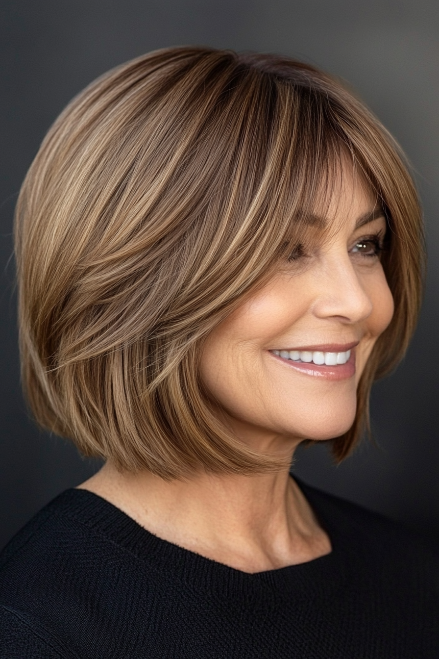 11. Rounded Bob with Wispy Bangs in Warm Honey Brown (Hairstyles For Women Over 50) - Hairstyles For Women Over 50