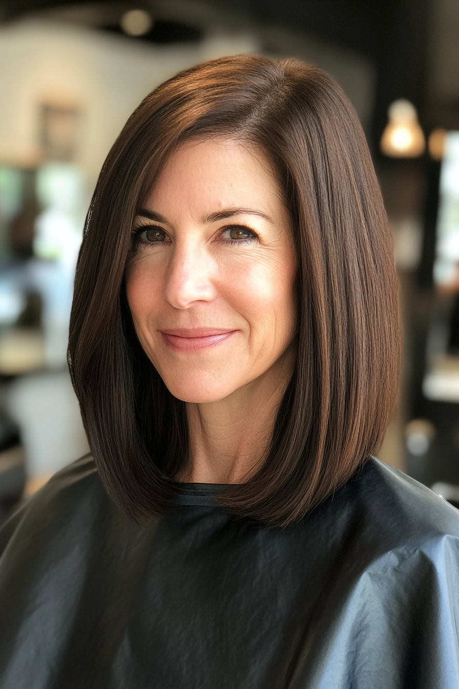 13. Blunt Cut Lob in Dark Chocolate Brown (Hairstyles For Women Over 50) - Hairstyles For Women Over 50