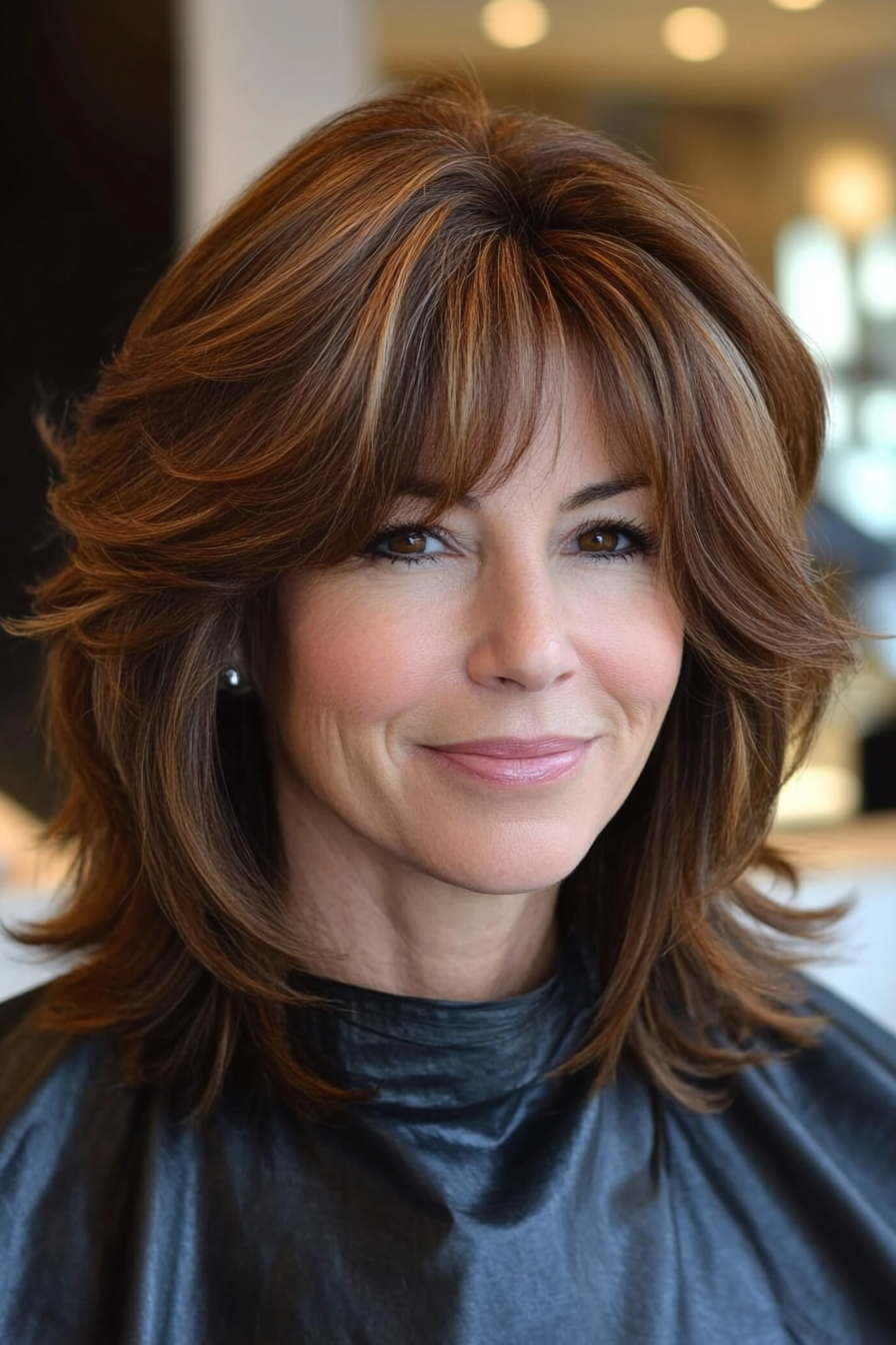 16. Modern Shag with Side Bangs in Cinnamon Brown (Hairstyles For Women Over 50) - Hairstyles For Women Over 50