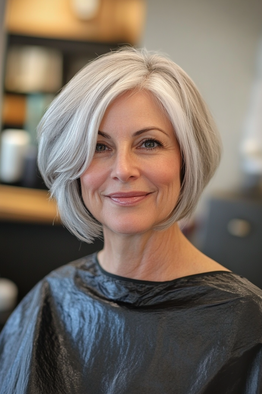 17. Short Tapered Bob in Silver Gray (Hairstyles For Women Over 50) - Hairstyles For Women Over 50