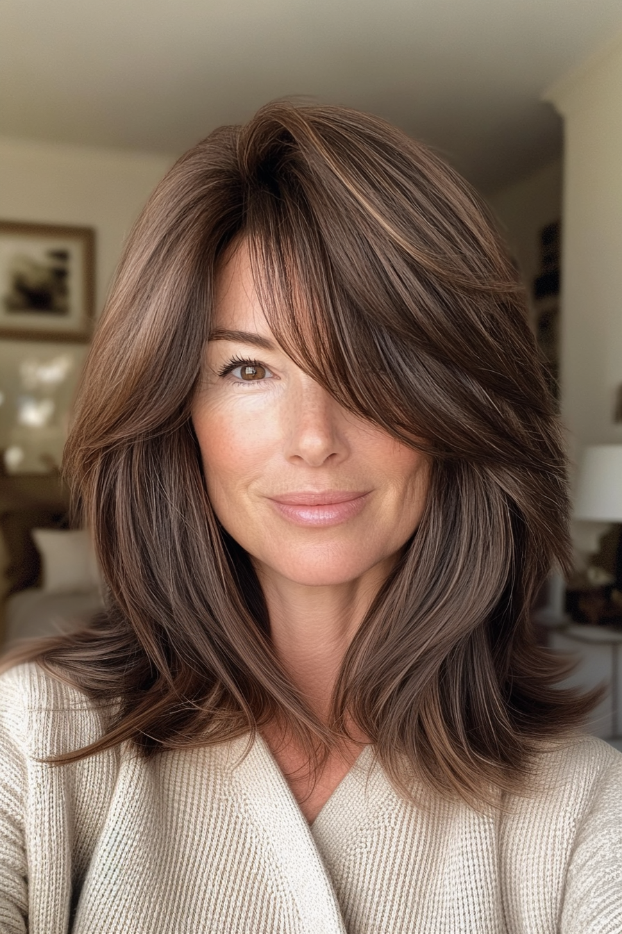 18. Layered Lob with Curtain Bangs in Medium Brown (Hairstyles For Women Over 50) - Hairstyles For Women Over 50