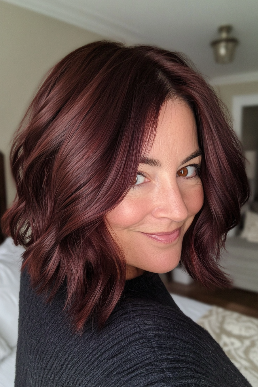 21. Chin-Length Bob with Soft Waves in Dark Mahogany (Hairstyles For Women Over 50) - Hairstyles For Women Over 50