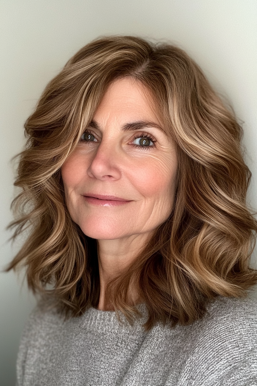 24. Wavy Lob with Side Bangs in Soft Caramel (Hairstyles For Women Over 50) - Hairstyles For Women Over 50
