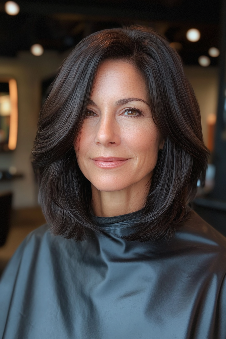 26. Sleek Mid-Length Layers in Natural Black (Hairstyles For Women Over 50) - Hairstyles For Women Over 50