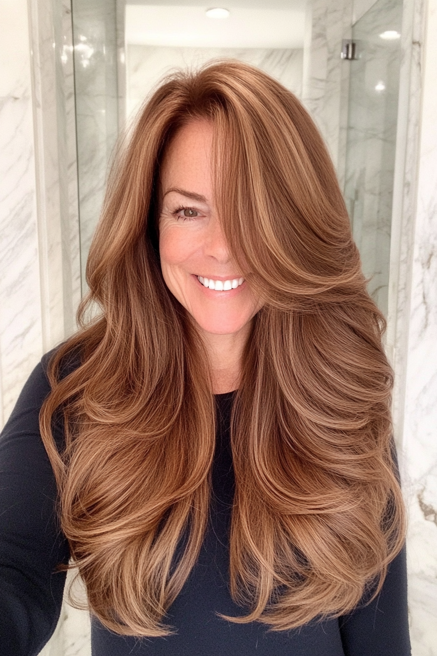 1. Layered Chestnut Waves (Long Haircuts For Women Over 50) - Long Haircuts For Women Over 50