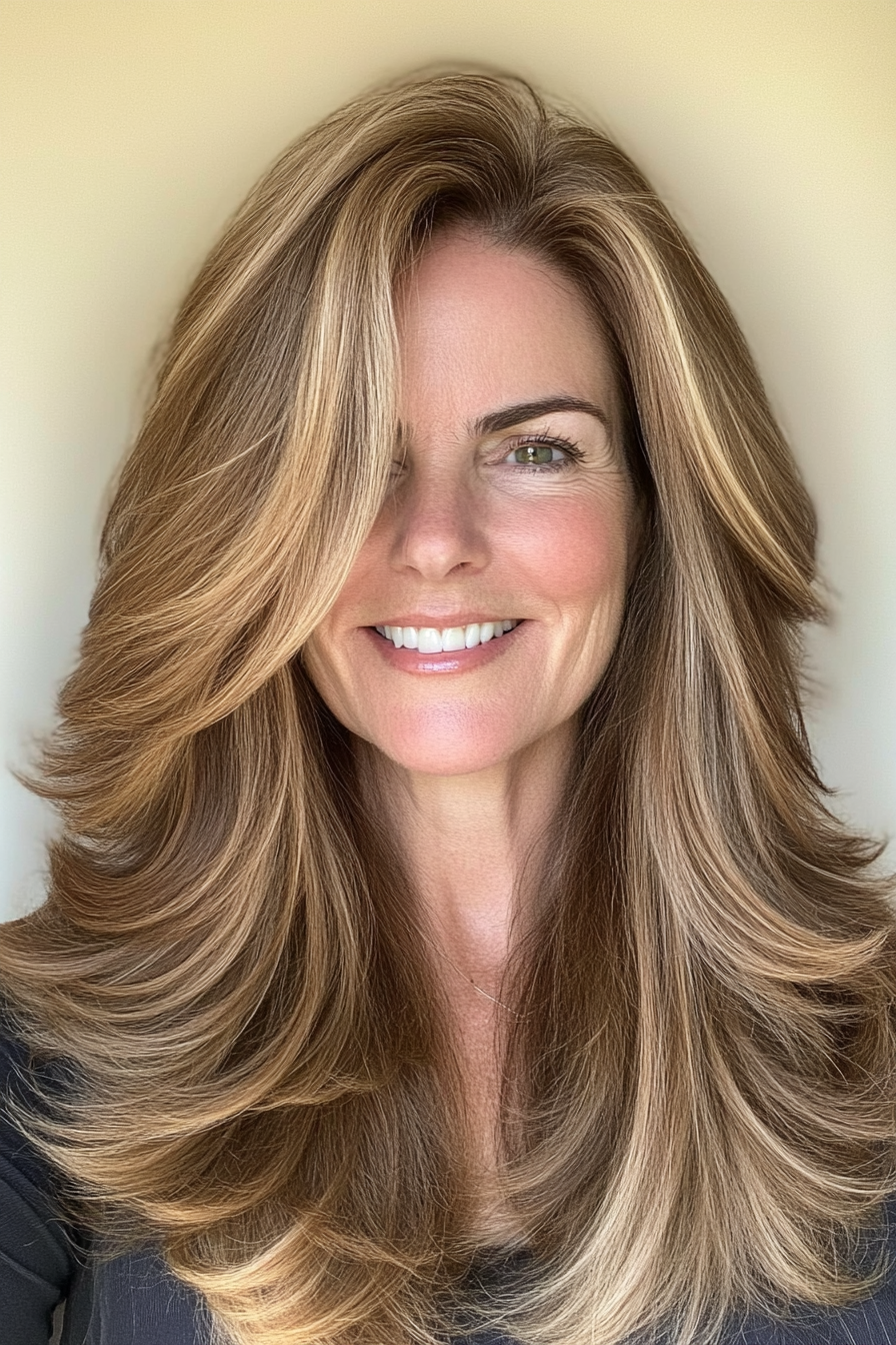4. Caramel-Toned Feathered Layers (Long Haircuts For Women Over 50) - Long Haircuts For Women Over 50