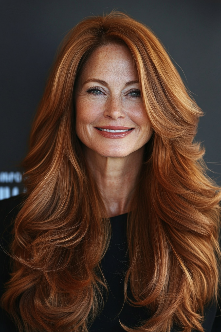 7. Soft Auburn Cascading Layers (Long Haircuts For Women Over 50) - Long Haircuts For Women Over 50