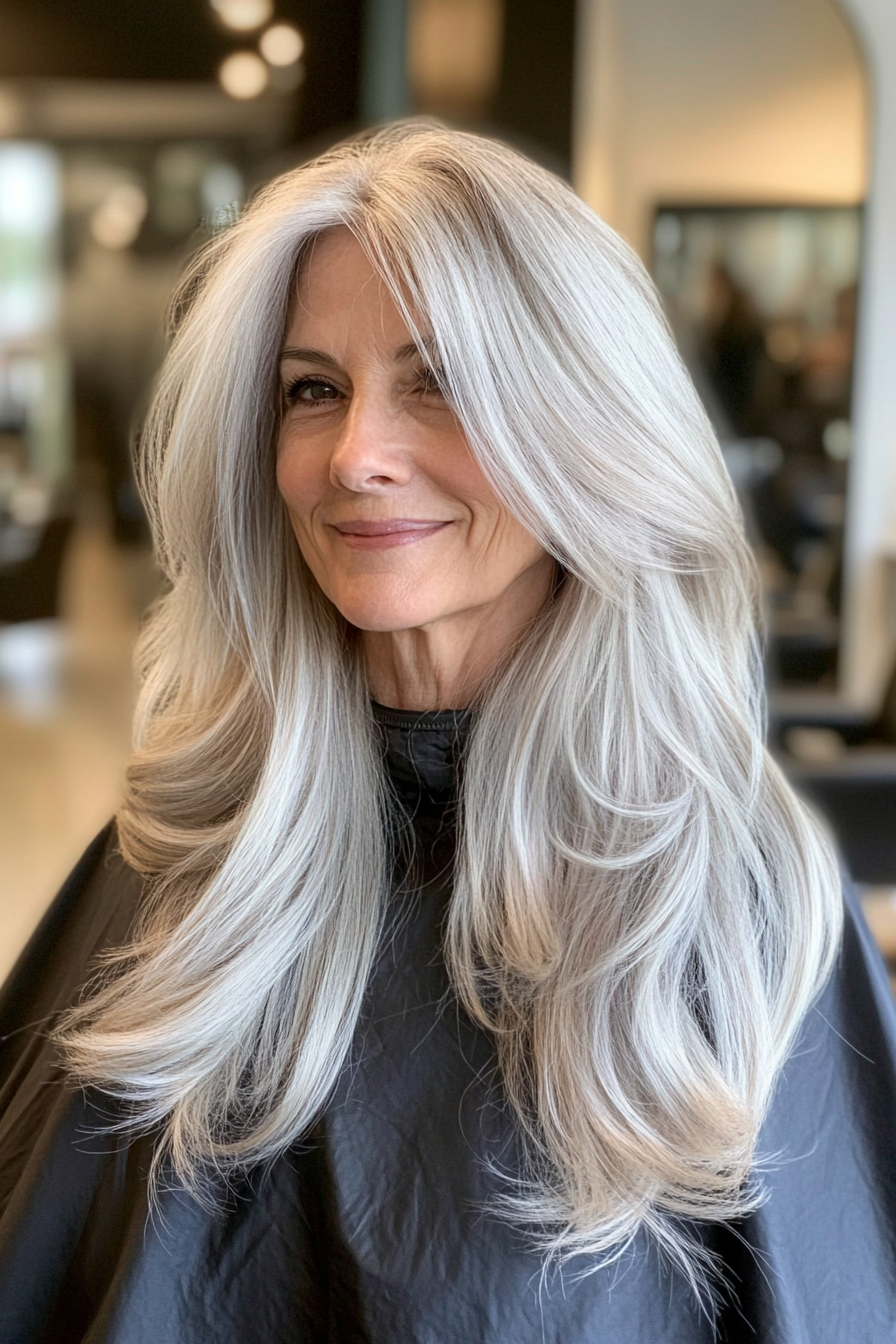 8. Silver Balayage Flowing Locks (Long Haircuts For Women Over 50) - Long Haircuts For Women Over 50