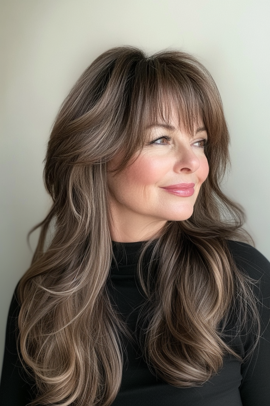 9. Ash Brown Long Layers with Curtain Bangs (Long Haircuts For Women Over 50) - Long Haircuts For Women Over 50