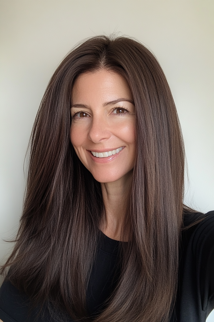10. Chocolate Brown Sleek and Straight (Long Haircuts For Women Over 50) - Long Haircuts For Women Over 50