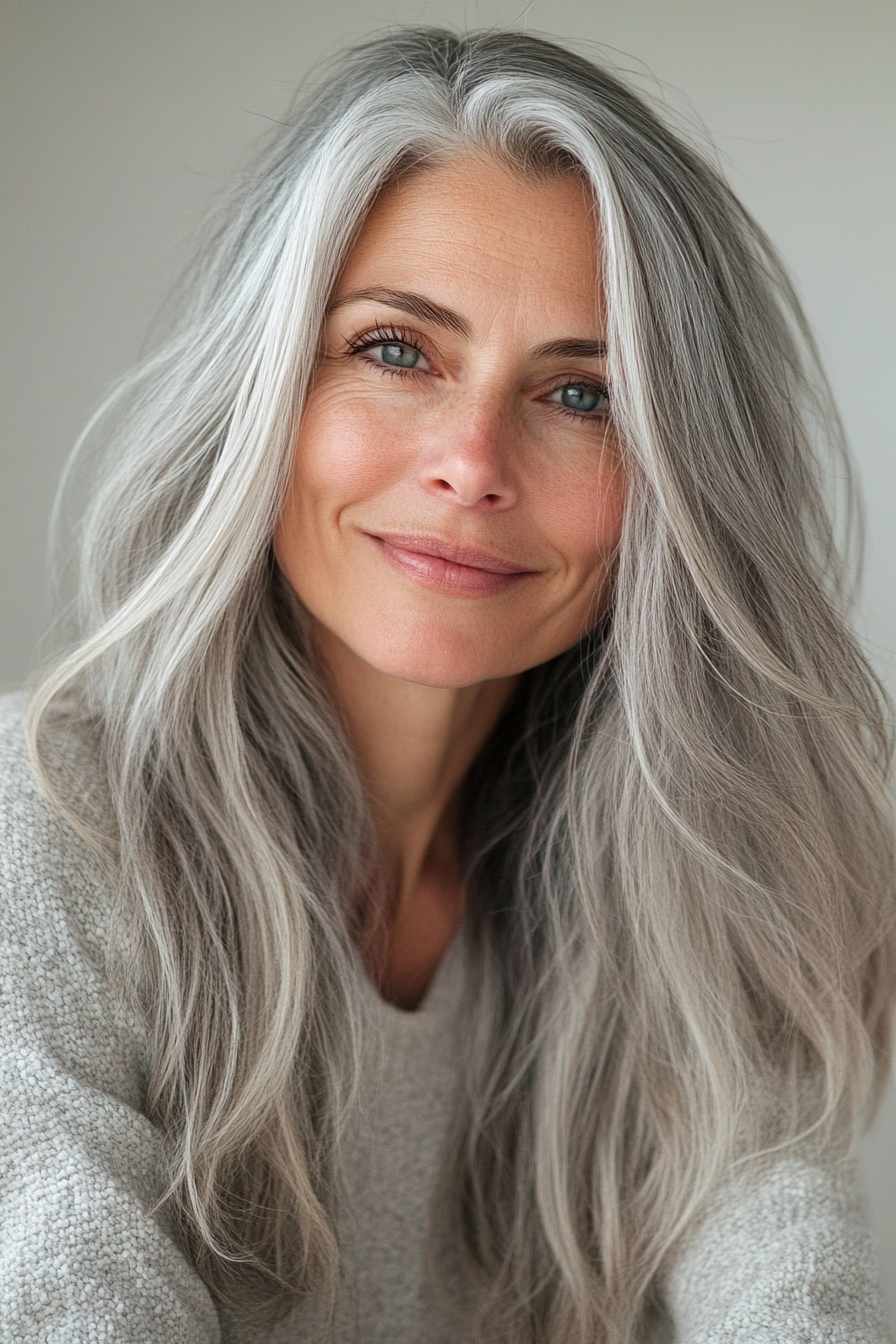 12. Natural Gray with Subtle Layers (Long Haircuts For Women Over 50) - Long Haircuts For Women Over 50