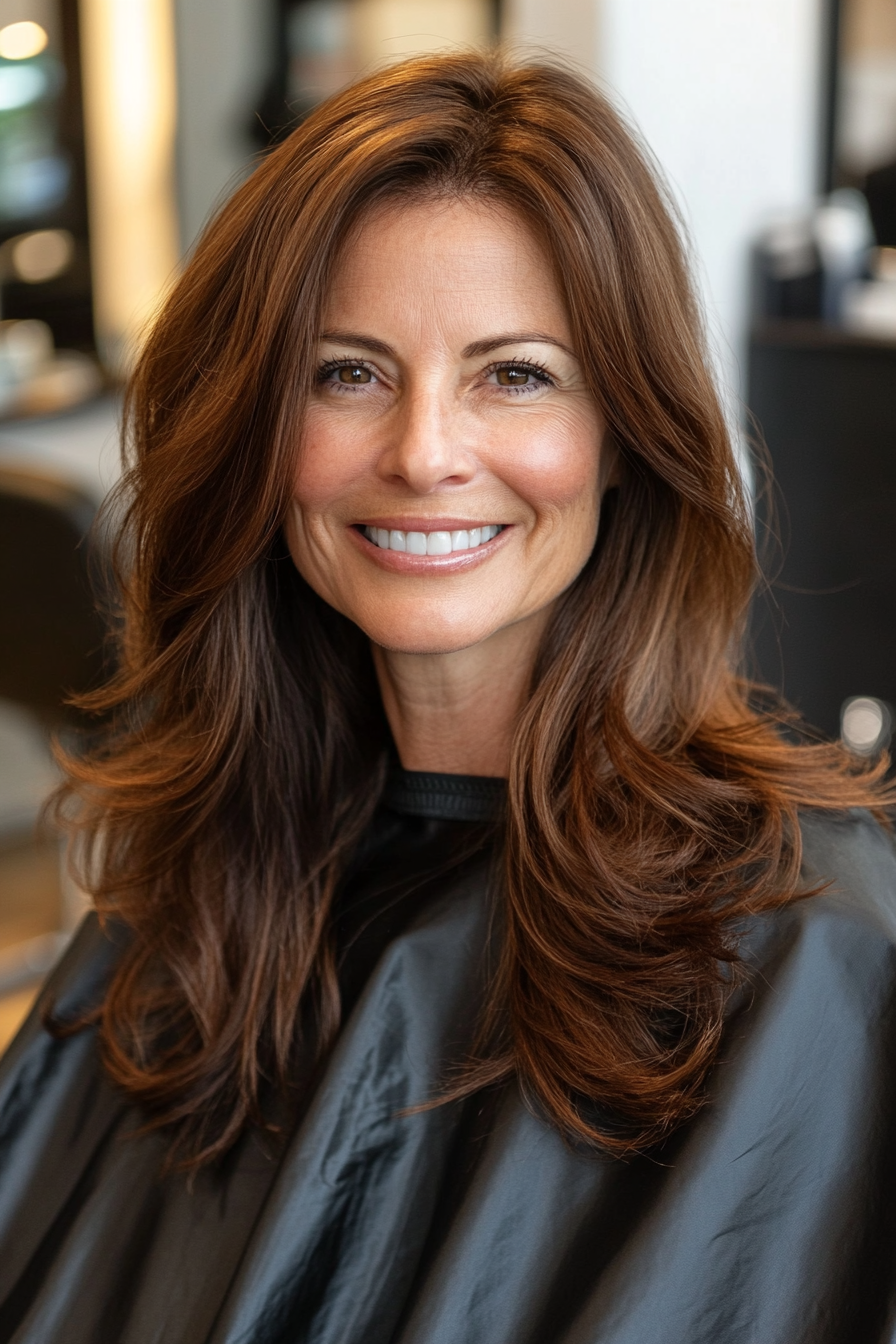 13. Chestnut Brown Voluminous Blowout (Long Haircuts For Women Over 50) - Long Haircuts For Women Over 50