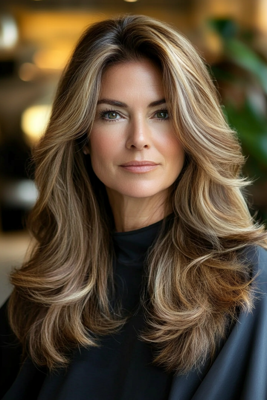 15. Golden Brown Side-Parted Waves (Long Haircuts For Women Over 50) - Long Haircuts For Women Over 50