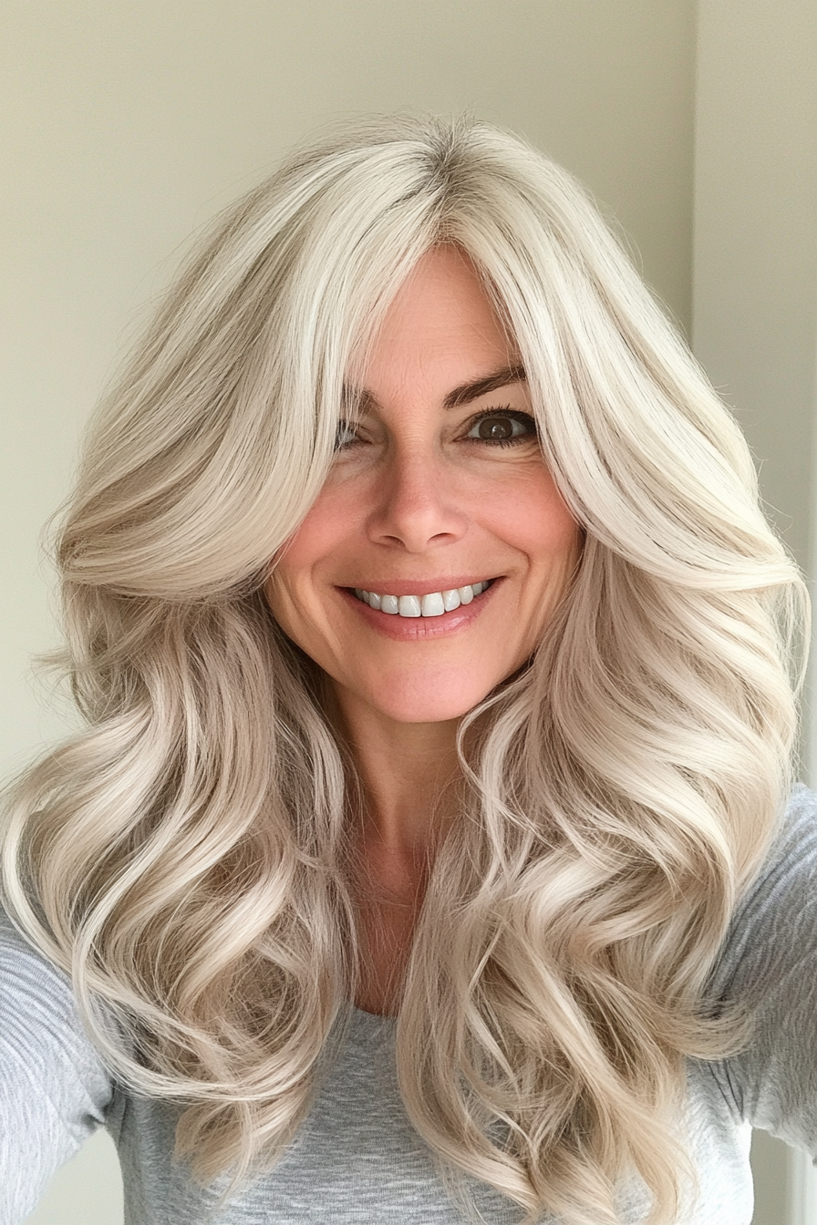 16. Pearl Blonde Soft Curls (Long Haircuts For Women Over 50) - Long Haircuts For Women Over 50