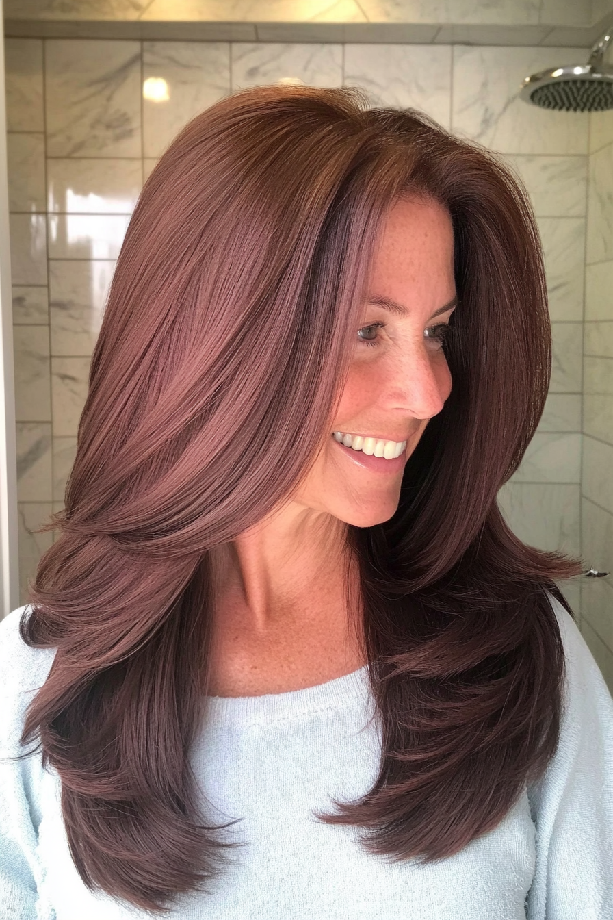 17. Deep Mahogany Sleek Layers (Long Haircuts For Women Over 50) - Long Haircuts For Women Over 50
