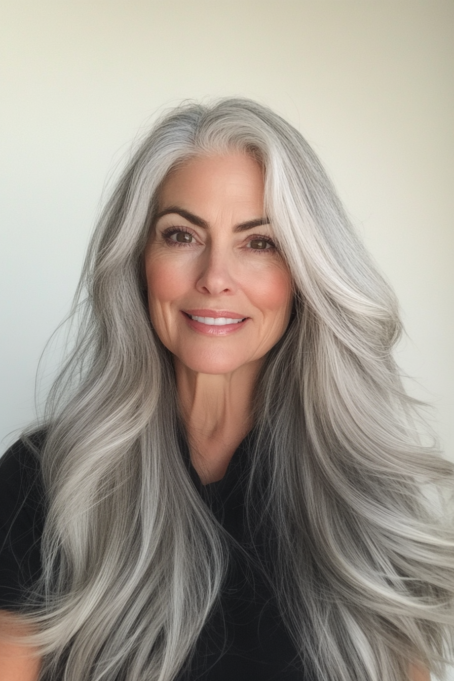19. Smoky Silver Layered Waves (Long Haircuts For Women Over 50) - Long Haircuts For Women Over 50