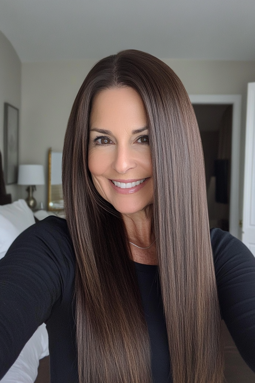 21. Dark Walnut Straight Elegance (Long Haircuts For Women Over 50) - Long Haircuts For Women Over 50