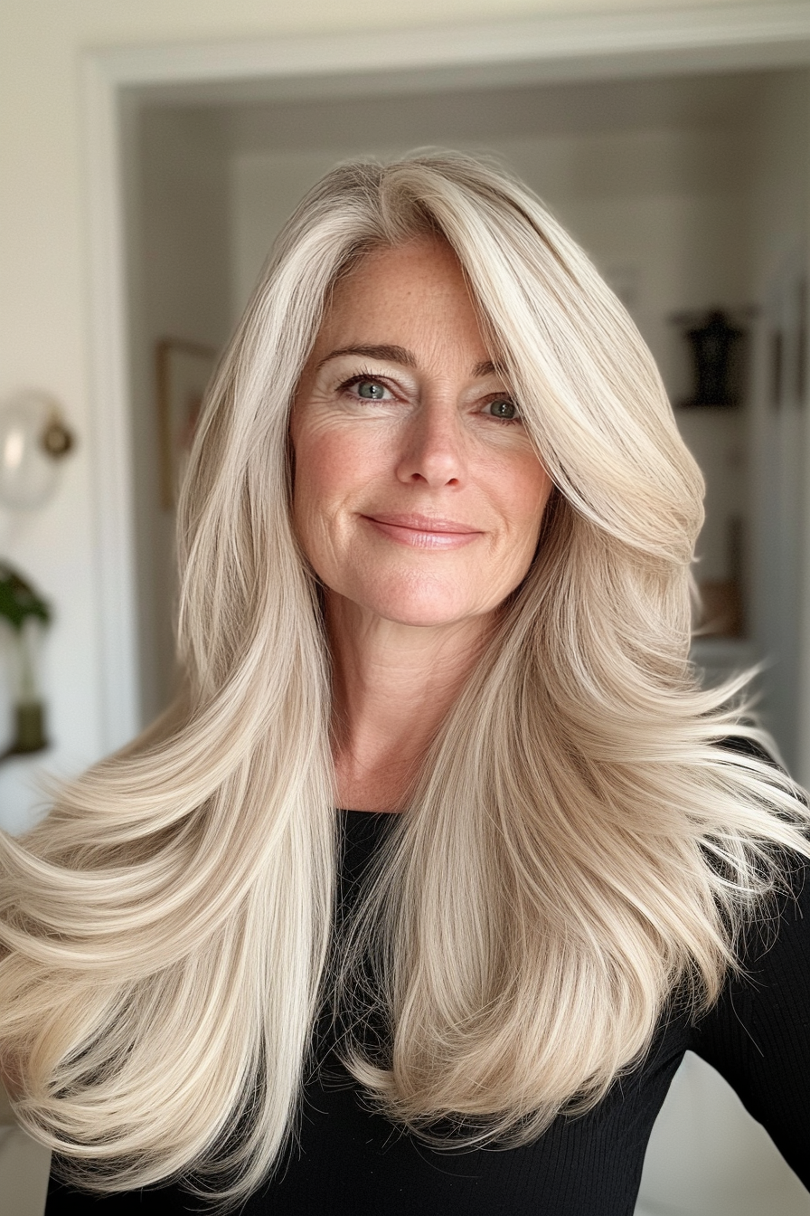 23. Cool Beige Blonde Classic Layers (Long Haircuts For Women Over 50) - Long Haircuts For Women Over 50