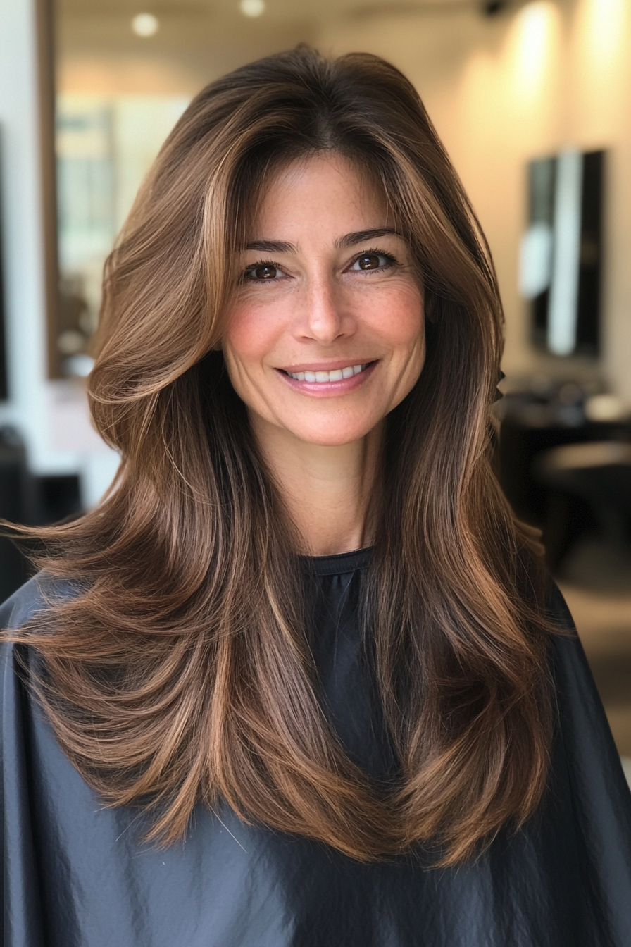 24. Warm Chestnut Feathered Ends (Long Haircuts For Women Over 50) - Long Haircuts For Women Over 50