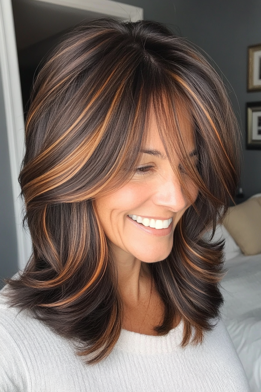 3. Shoulder-Length Lob with Caramel Highlights on Dark Brown (Hairstyles For Women Over 50 With Fine Hair) - Hairstyles For Women Over 50 With Fine Hair