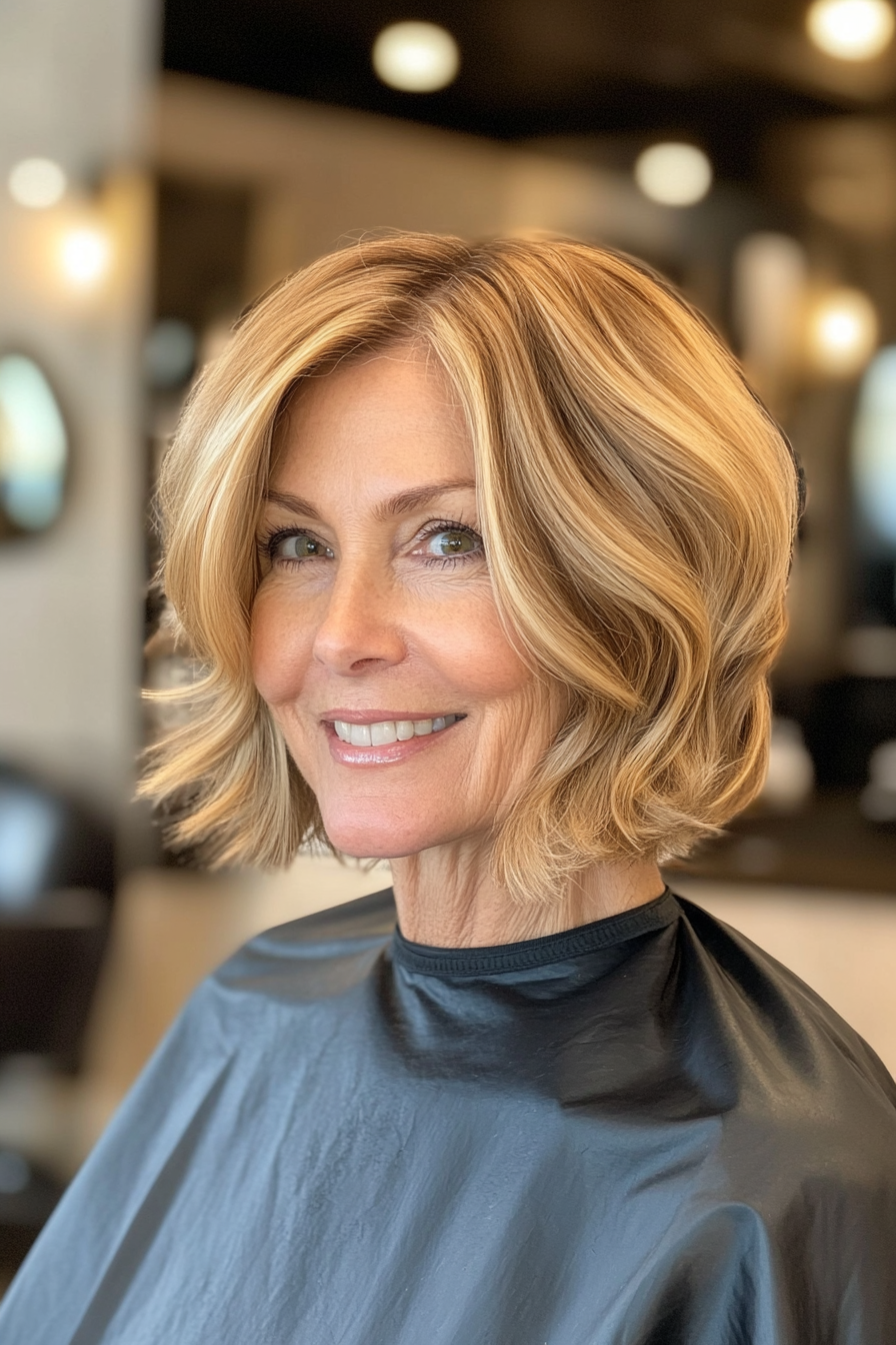 7. Curved Bob with Golden Blonde Highlights (Hairstyles For Women Over 50 With Fine Hair) - Hairstyles For Women Over 50 With Fine Hair