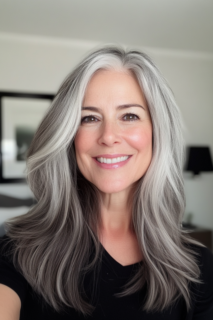 8. Layered Collarbone Cut with Salt-and-Pepper Blend (Hairstyles For Women Over 50 With Fine Hair) - Hairstyles For Women Over 50 With Fine Hair