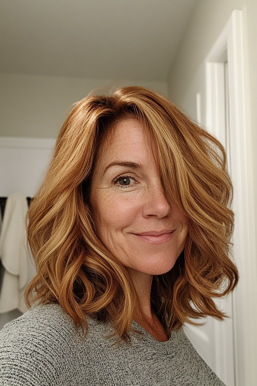 9. Wavy Lob with Soft Auburn Hues (Hairstyles For Women Over 50 With Fine Hair) - Hairstyles For Women Over 50 With Fine Hair
