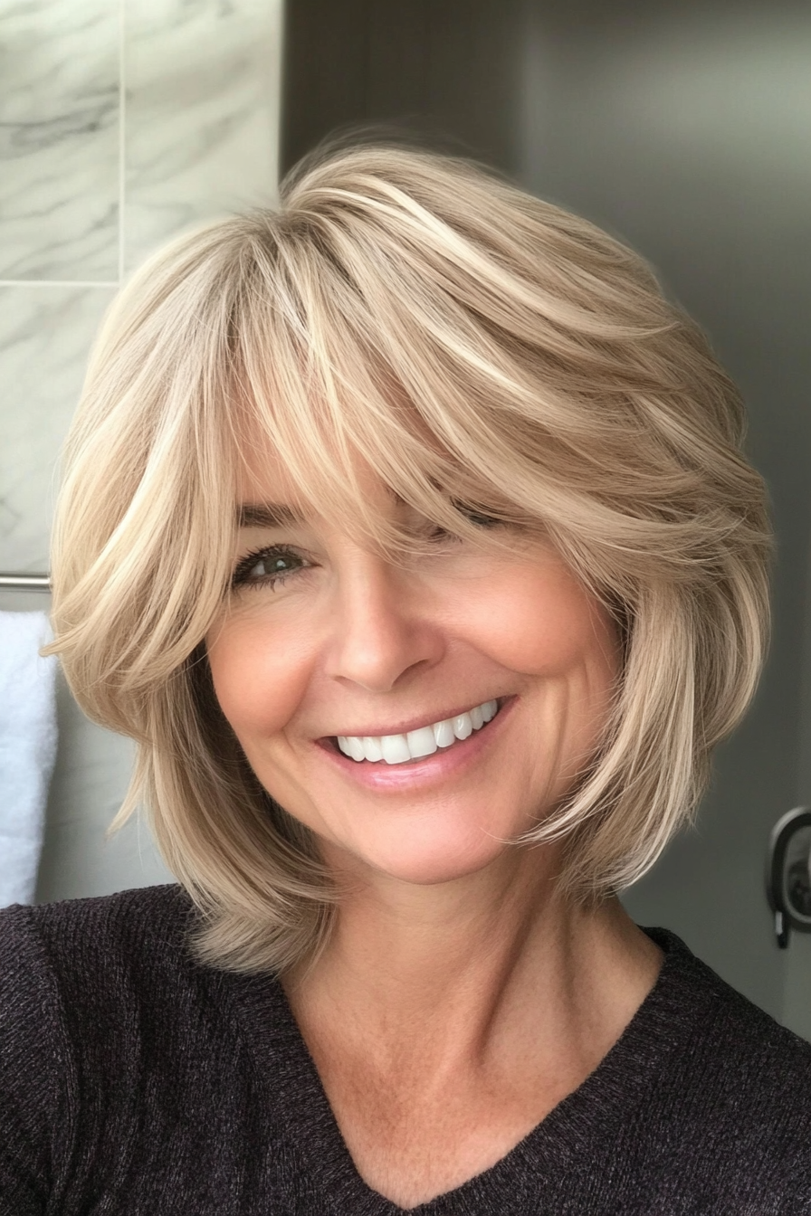 12. Wispy Bangs Bob with Sandy Blonde Blend (Hairstyles For Women Over 50 With Fine Hair) - Hairstyles For Women Over 50 With Fine Hair