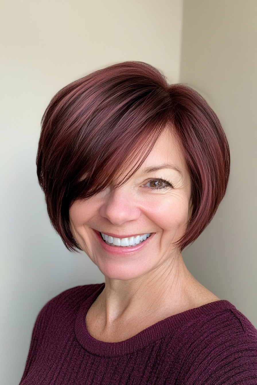 13. Classic French Bob with Deep Burgundy Brown (Hairstyles For Women Over 50 With Fine Hair) - Hairstyles For Women Over 50 With Fine Hair
