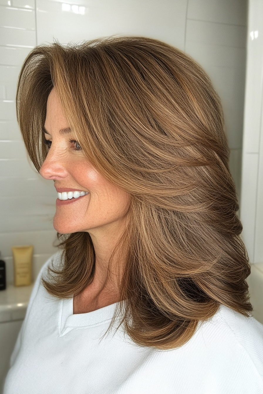 14. Mid-Length Layers with Subtle Chestnut Lowlights (Hairstyles For Women Over 50 With Fine Hair) - Hairstyles For Women Over 50 With Fine Hair
