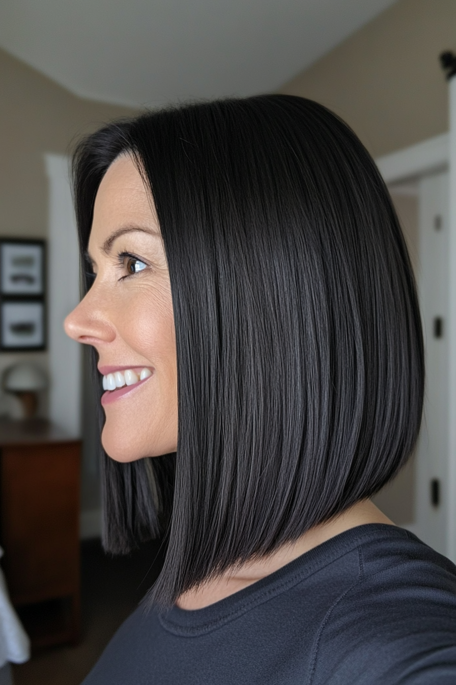 16. Sleek Shoulder-Length Cut with Deep Jet Black (Hairstyles For Women Over 50 With Fine Hair) - Hairstyles For Women Over 50 With Fine Hair