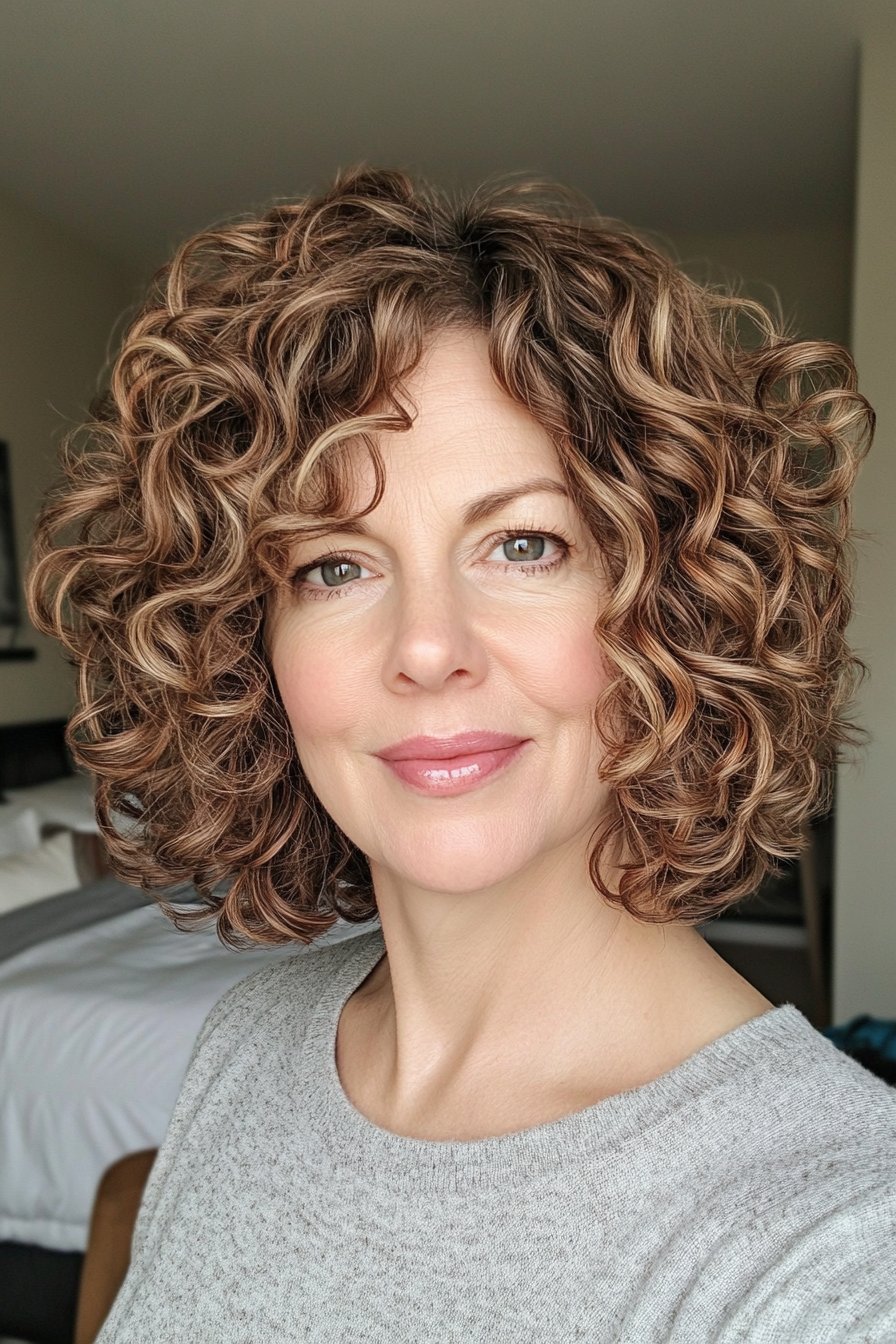 18. Curly Bob with Honey Brown Tones (Hairstyles For Women Over 50 With Fine Hair) - Hairstyles For Women Over 50 With Fine Hair