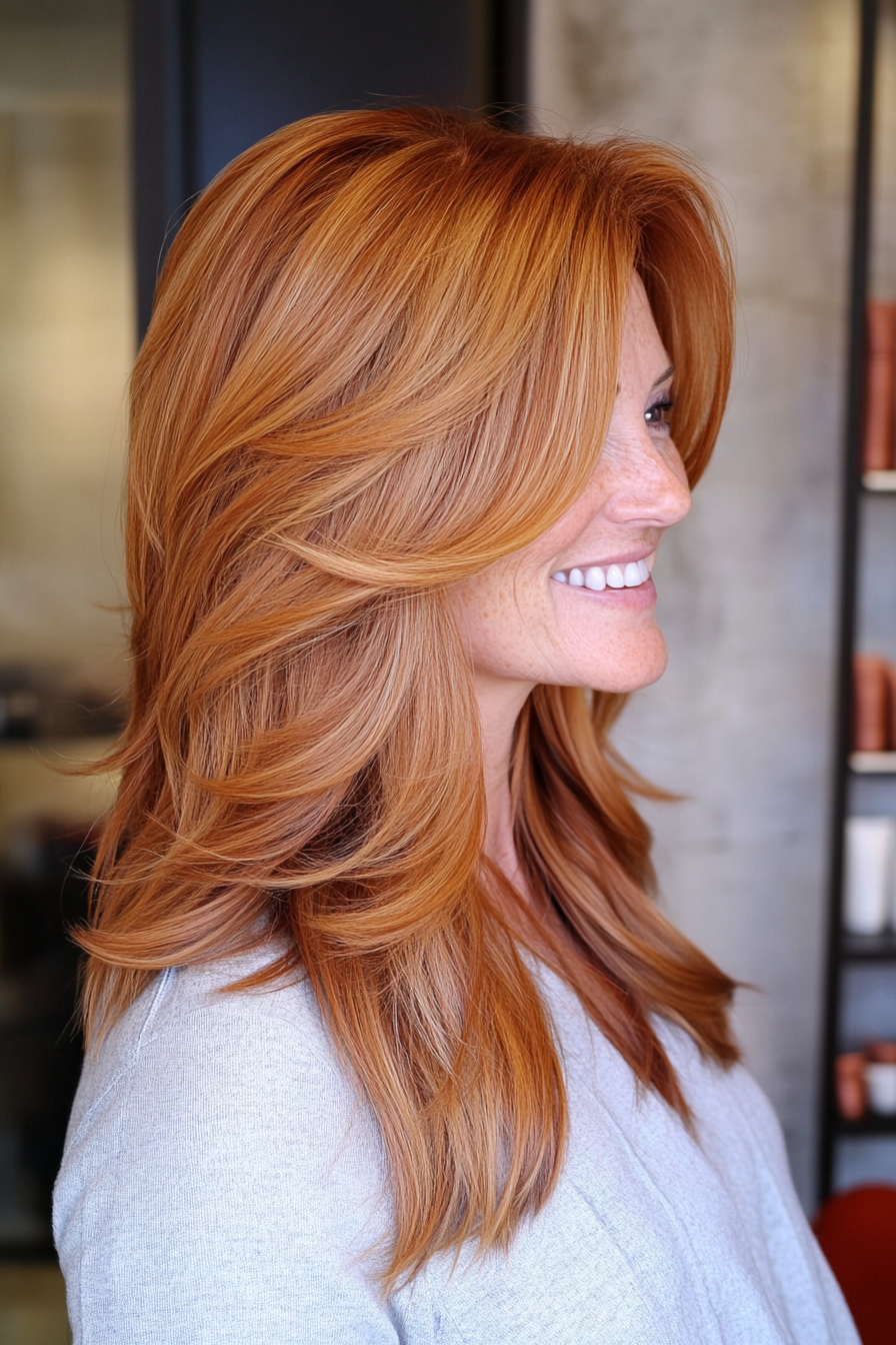 19. Long Layered Cut with Warm Copper Tones (Hairstyles For Women Over 50 With Fine Hair) - Hairstyles For Women Over 50 With Fine Hair