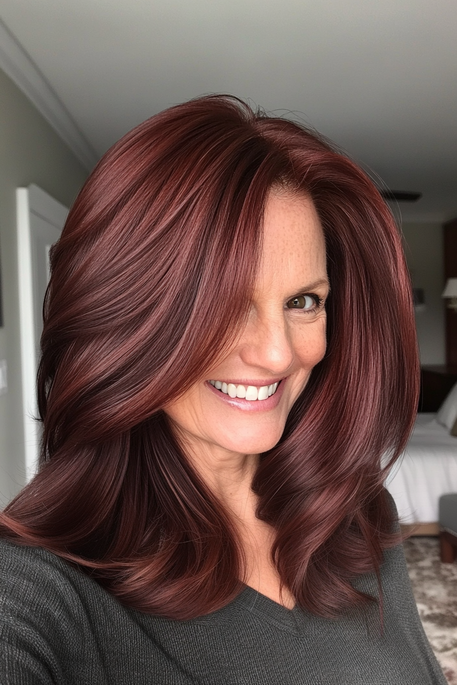 21. Feathered Shoulder-Length Cut with Deep Mahogany (Hairstyles For Women Over 50 With Fine Hair) - Hairstyles For Women Over 50 With Fine Hair