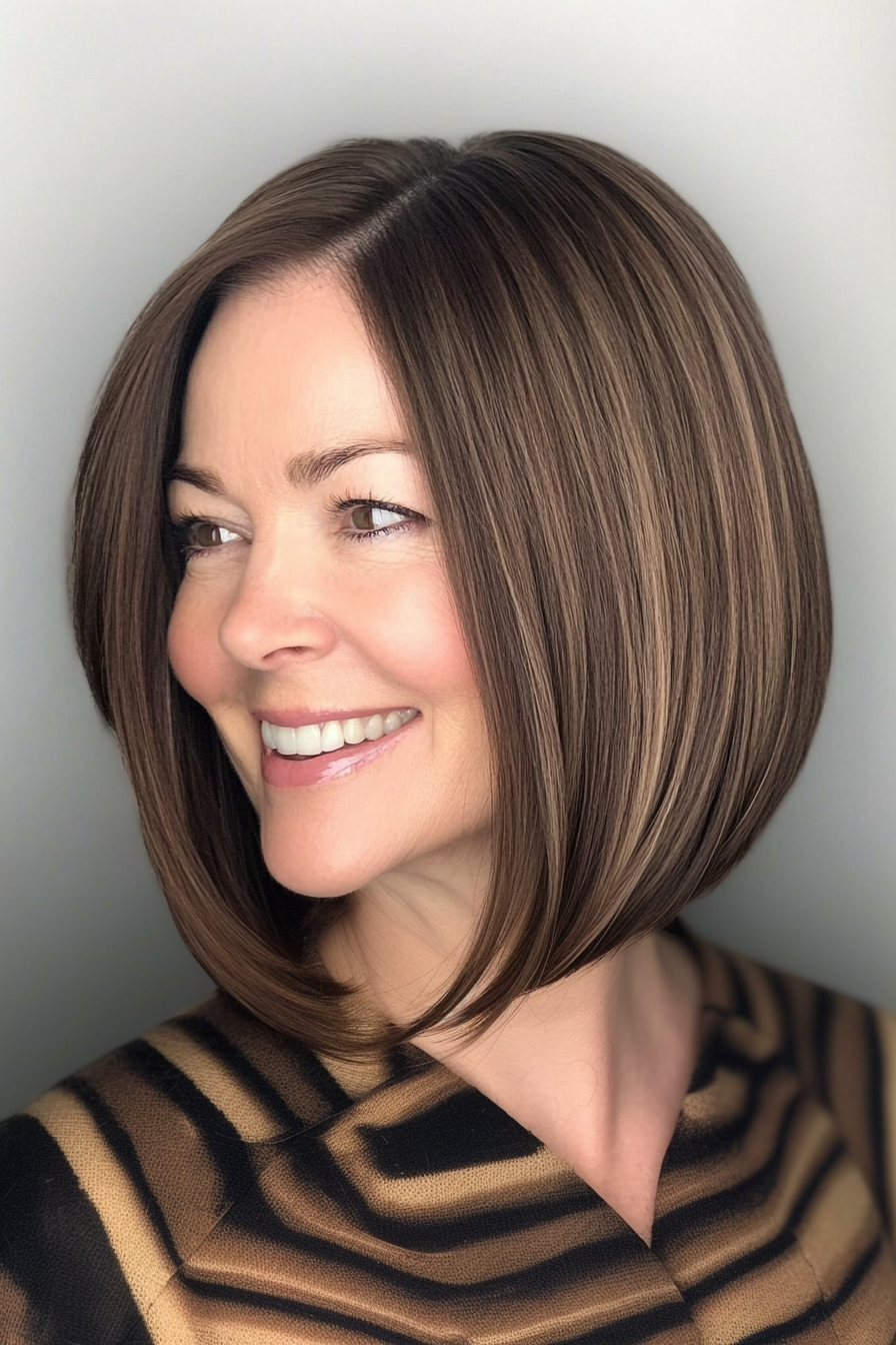24. Side-Parted Chin-Length Bob with Mocha Brown (Hairstyles For Women Over 50 With Fine Hair) - Hairstyles For Women Over 50 With Fine Hair