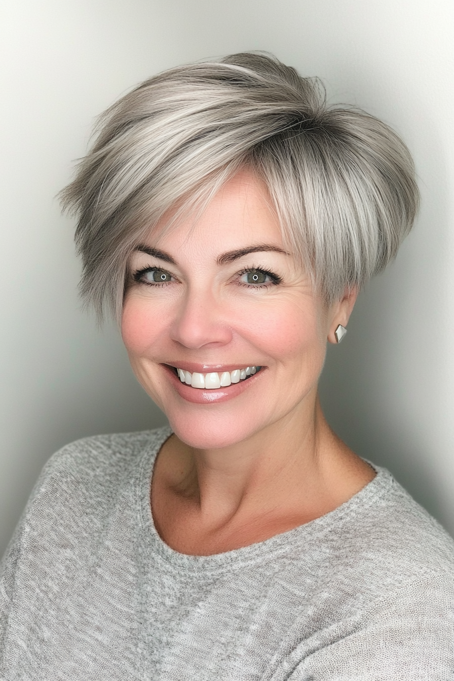 26. Layered Pixie Bob with Smoky Silver Blend (Hairstyles For Women Over 50 With Fine Hair) - Hairstyles For Women Over 50 With Fine Hair