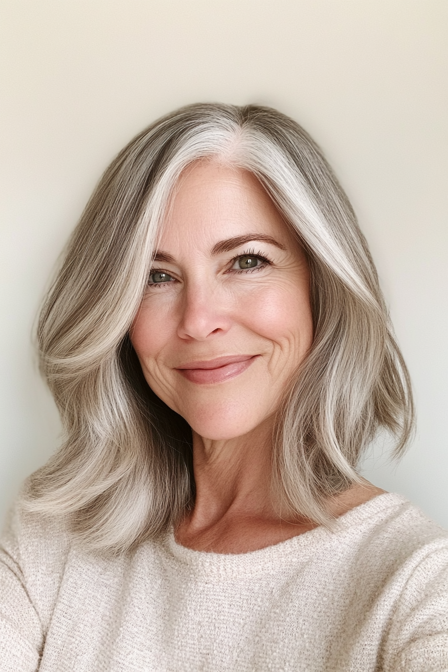 2. Soft Lob with Ash Blonde Highlights (Medium Length Hairstyles For Older Women) - Medium Length Hairstyles For Older Women